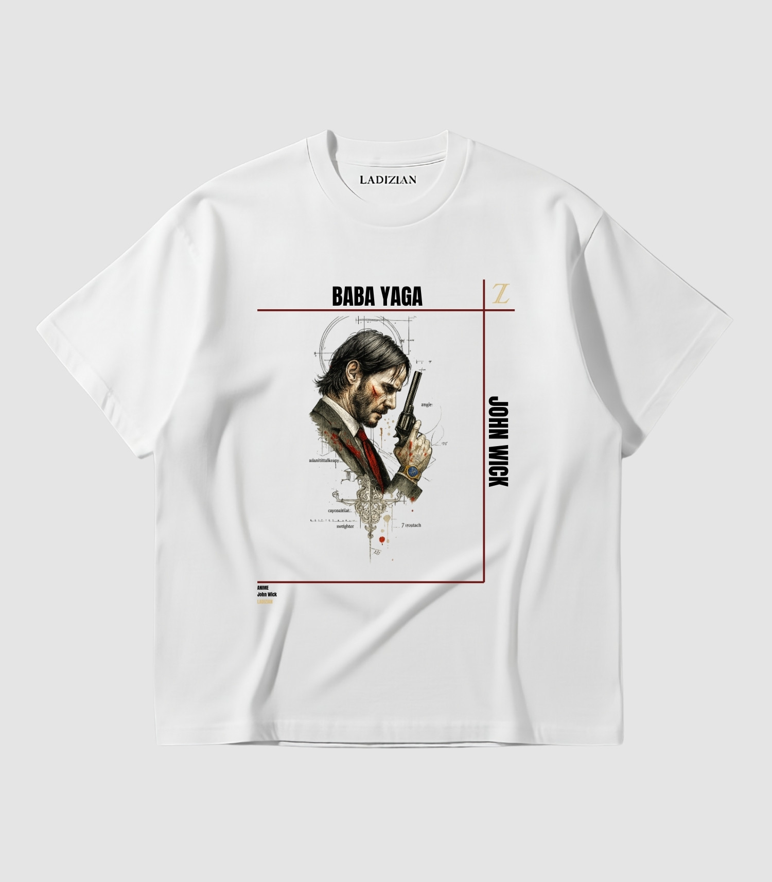 ladizian-tshirt-white-john-wick-baba-yaga-front-tshirt-01 عکس محصول از نمای جلو | تیشرت سفید لادیزین، طرح بابا یاگا (جان ویک)