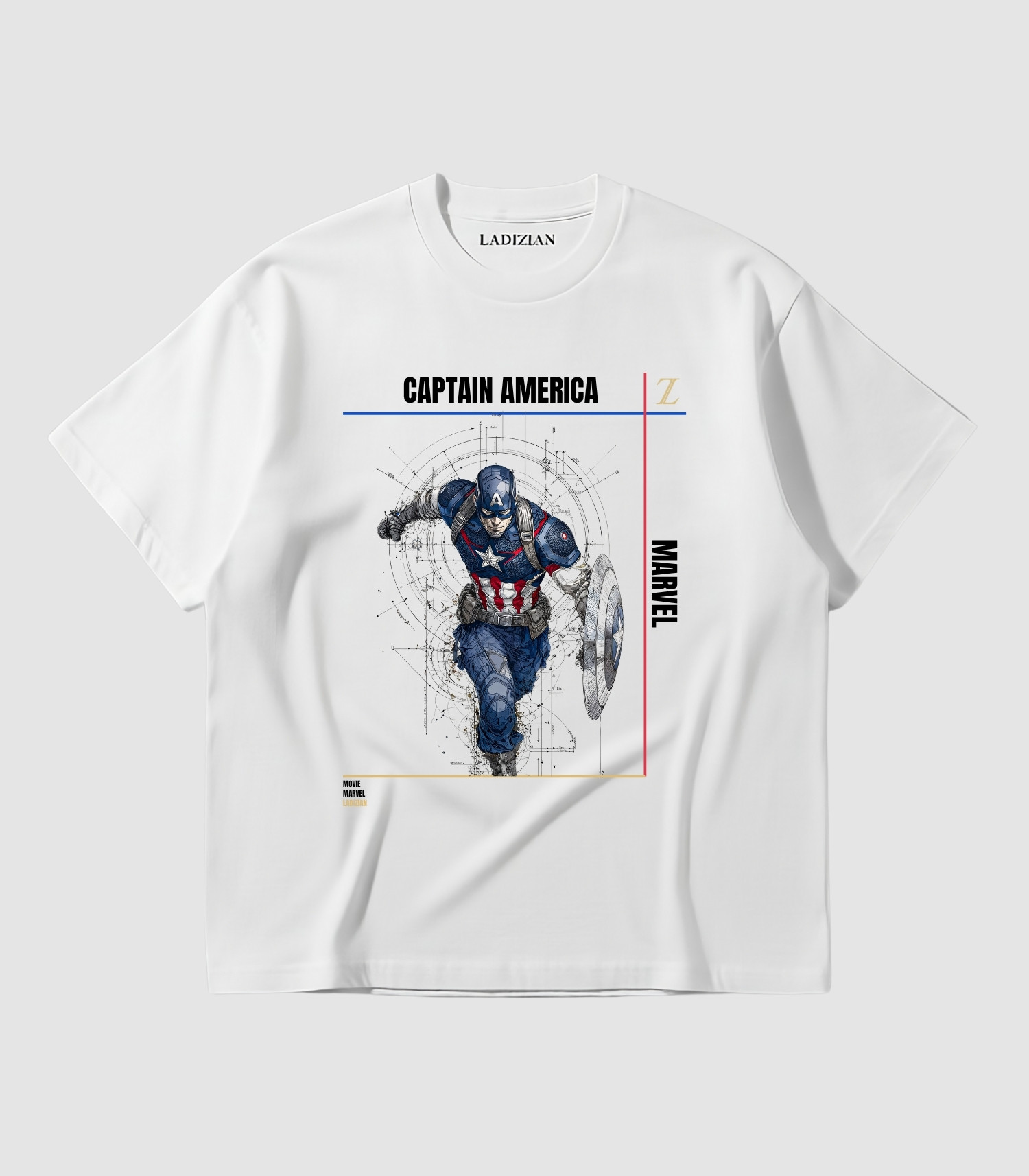 ladizian-tshirt-white-marvel-captain-america-front-tshirt-01 عکس محصول از نمای جلو | تیشرت سفید لادیزین، طرح کاپیتان آمریکا (مارول)